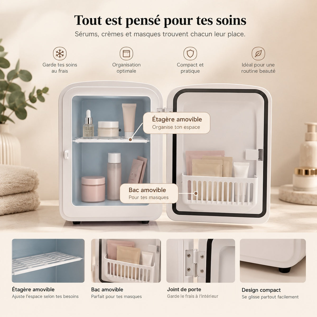 Mini frigo skincare ouvert avec étagère et bac amovibles pour sérums, crèmes et masques
