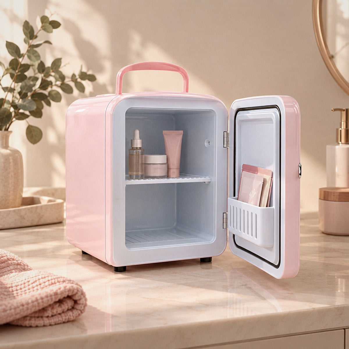 Mini frigo skincare rose pâle ouvert avec sérum, crème et masques, posé sur une coiffeuse