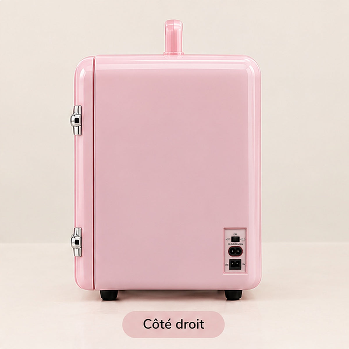 Mini frigo skincare côté droit avec connecteurs d'alimentation